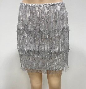 Sequin Fringe High Waisted Skirt in Silver