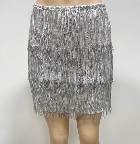 Sequin Fringe High Waisted Skirt in Silver